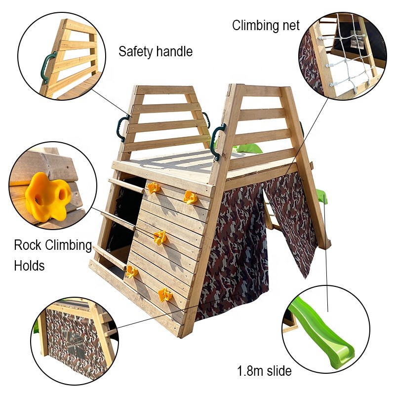 Детска Пързалка с Катерушка GINGER HOME – Дървен Комплект за Игра с Мрежа и Палатка, 285×152×123 см