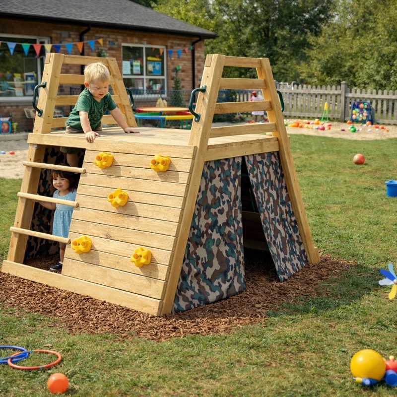 Детска Пързалка с Катерушка GINGER HOME – Дървен Комплект за Игра с Мрежа и Палатка, 285×152×123 см