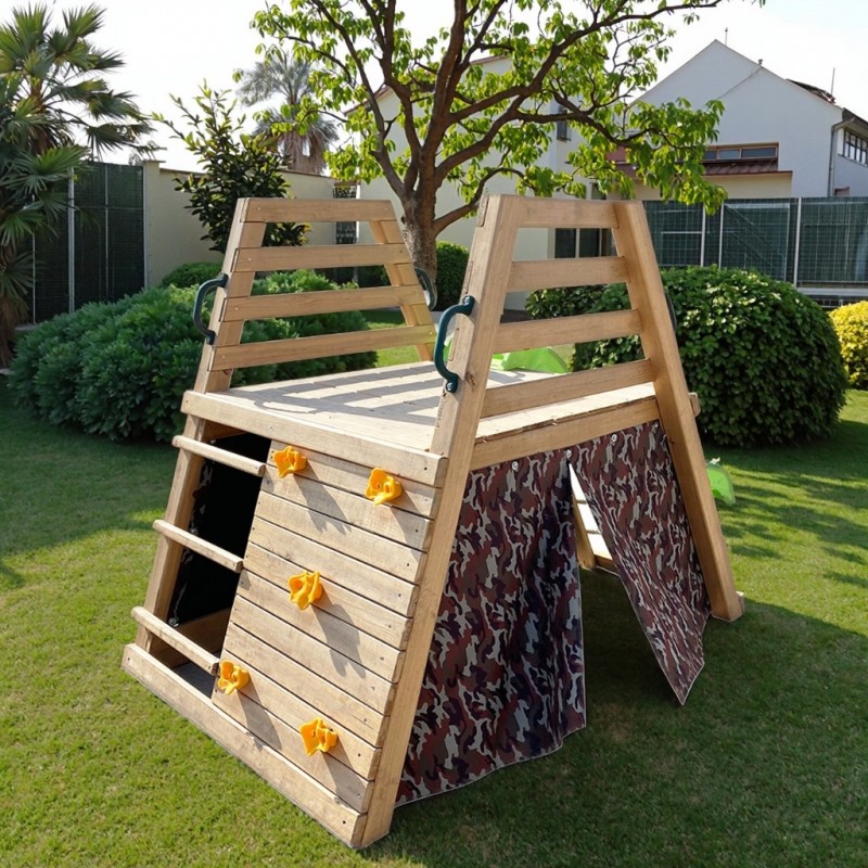 Детска Пързалка с Катерушка GINGER HOME – Дървен Комплект за Игра с Мрежа и Палатка, 285×152×123 см