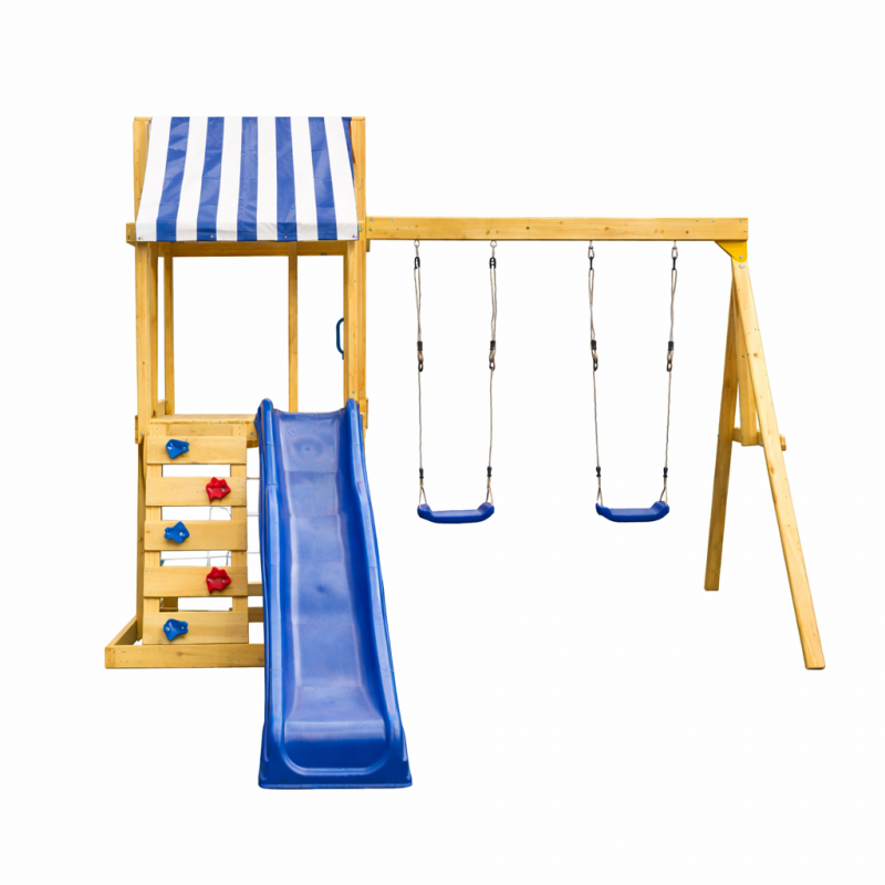 Детски Дървен Комплект за Игра на Открито GINGER HOME 4 в 1 с Пързалка 2.2 м – Катерушка, Мрежа и 2 Люлки, 308×318×244 см