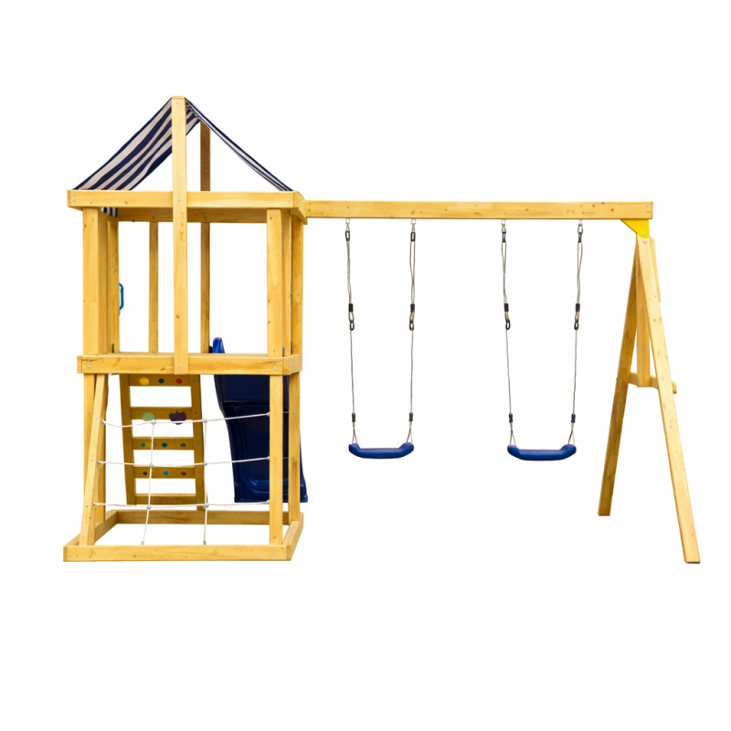 Детски Дървен Комплект за Игра на Открито GINGER HOME 4 в 1 с Пързалка 2.2 м – Катерушка, Мрежа и 2 Люлки, 308×318×244 см