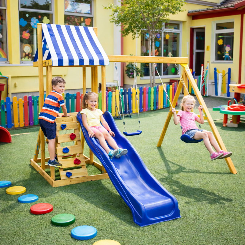 Детски Дървен Комплект за Игра на Открито GINGER HOME 4 в 1 с Пързалка 2.2 м – Катерушка, Мрежа и 2 Люлки, 308×318×244 см