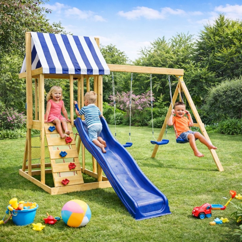 Детски Дървен Комплект за Игра на Открито GINGER HOME 4 в 1 с Пързалка 2.2 м – Катерушка, Мрежа и 2 Люлки, 308×318×244 см