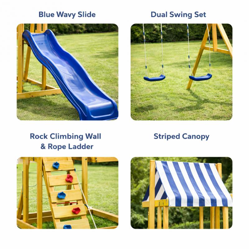 Детски Дървен Комплект за Игра на Открито GINGER HOME 4 в 1 с Пързалка 2.2 м – Катерушка, Мрежа и 2 Люлки, 308×318×244 см