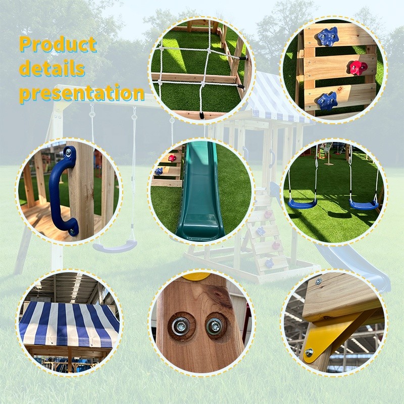 Детски Дървен Комплект за Игра на Открито GINGER HOME 4 в 1 с Пързалка 2.2 м – Катерушка, Мрежа и 2 Люлки, 308×318×244 см