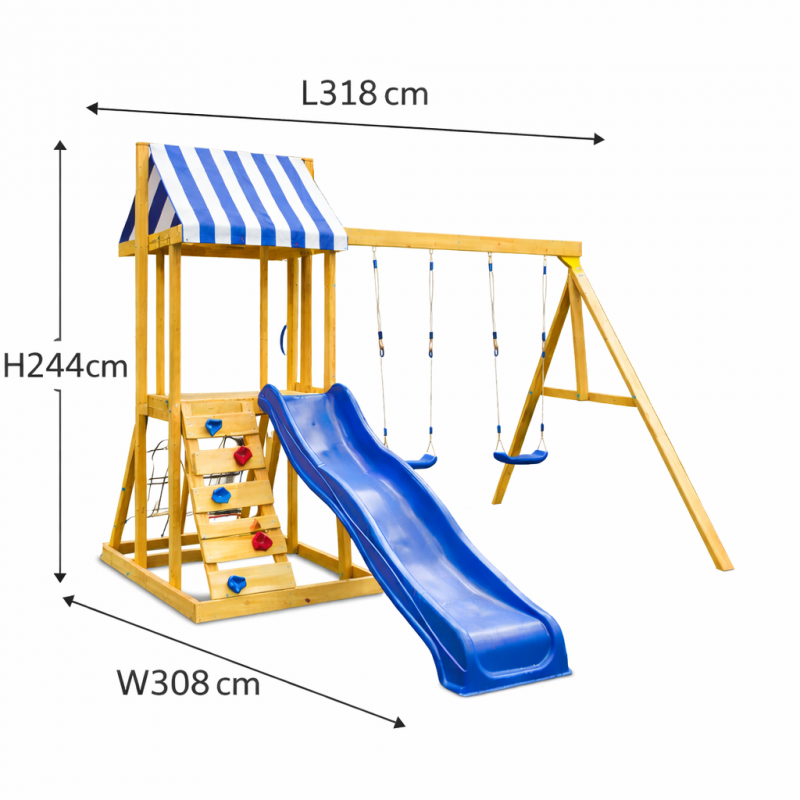 Детски Дървен Комплект за Игра на Открито GINGER HOME 4 в 1 с Пързалка 2.2 м – Катерушка, Мрежа и 2 Люлки, 308×318×244 см
