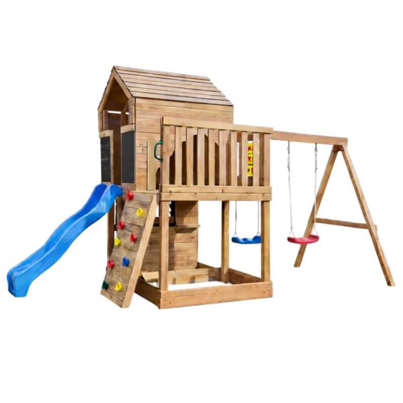 Голяма Детска Дървена Къщичка за Игра на Открито GINGER HOME с Пързалка, 2 Люлки, Катерушка и Пясъчник – 250×150×267 см