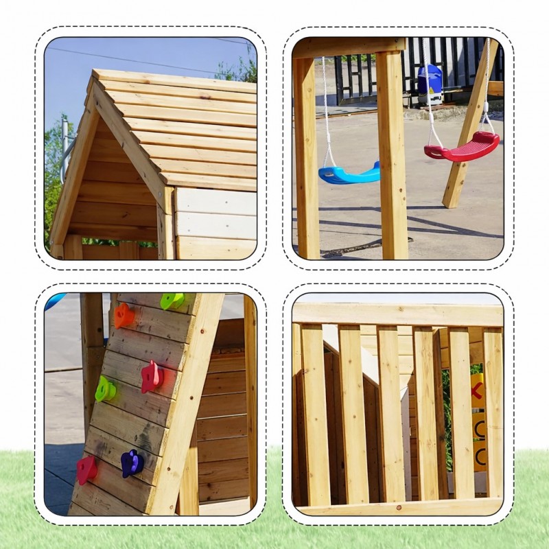 Голяма Детска Дървена Къщичка за Игра на Открито GINGER HOME с Пързалка, 2 Люлки, Катерушка и Пясъчник – 250×150×267 см