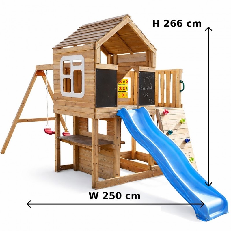 Голяма Детска Дървена Къщичка за Игра на Открито GINGER HOME с Пързалка, 2 Люлки, Катерушка и Пясъчник – 250×150×267 см