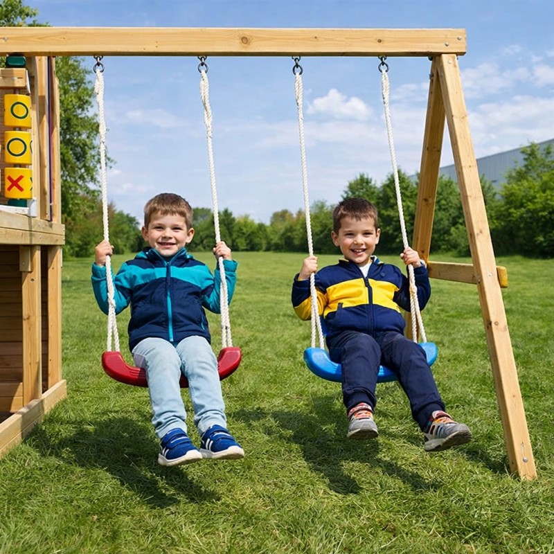 Голяма Детска Дървена Къщичка за Игра на Открито GINGER HOME с Пързалка, 2 Люлки, Катерушка и Пясъчник – 250×150×267 см