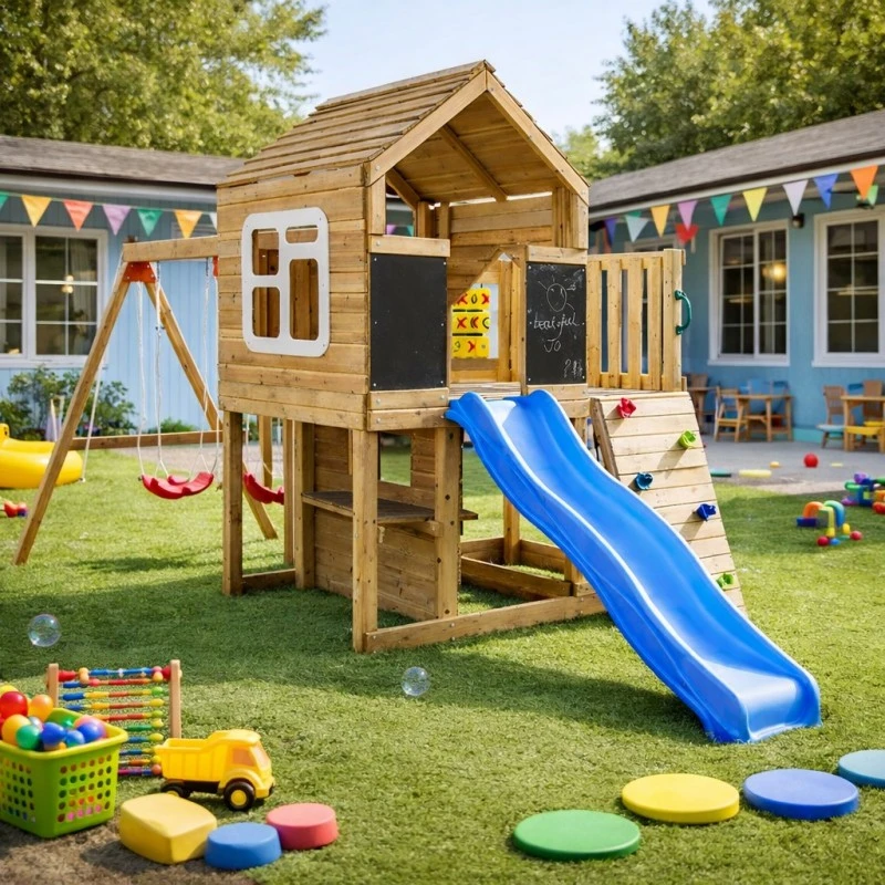 Голяма Детска Дървена Къщичка за Игра на Открито GINGER HOME с Пързалка, 2 Люлки, Катерушка и Пясъчник – 250×150×267 см