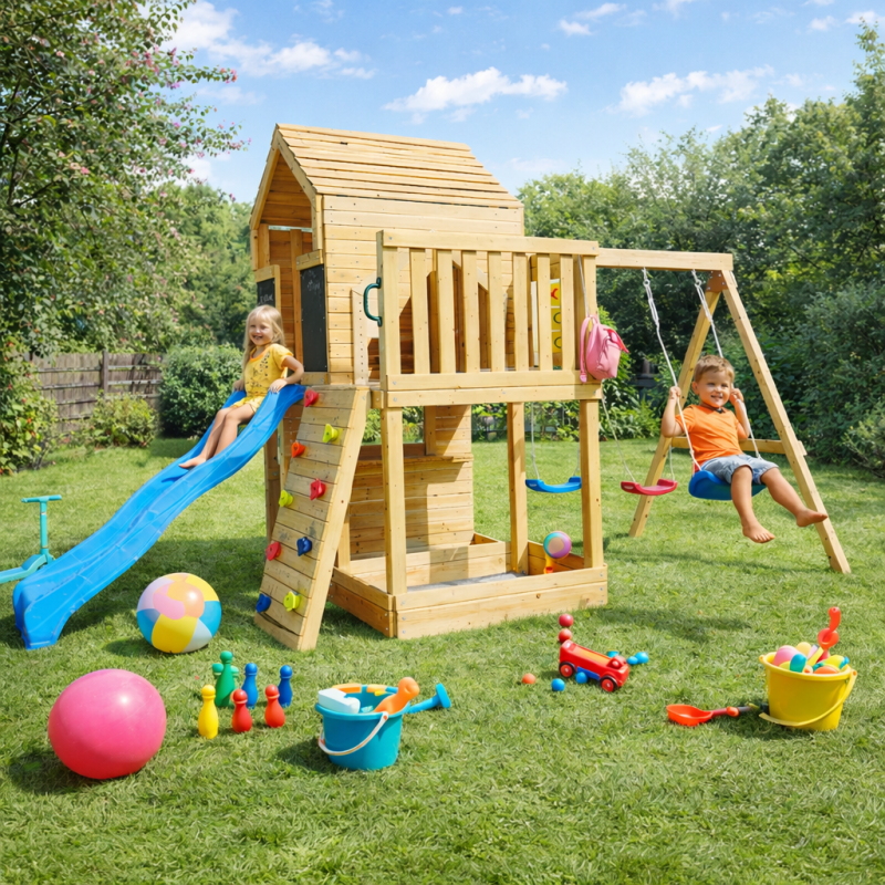 Голяма Детска Дървена Къщичка за Игра на Открито GINGER HOME с Пързалка, 2 Люлки, Катерушка и Пясъчник – 250×150×267 см