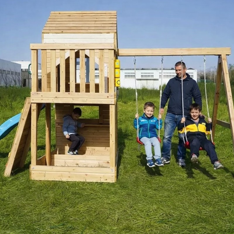 Голяма Детска Дървена Къщичка за Игра на Открито GINGER HOME с Пързалка, 2 Люлки, Катерушка и Пясъчник – 250×150×267 см