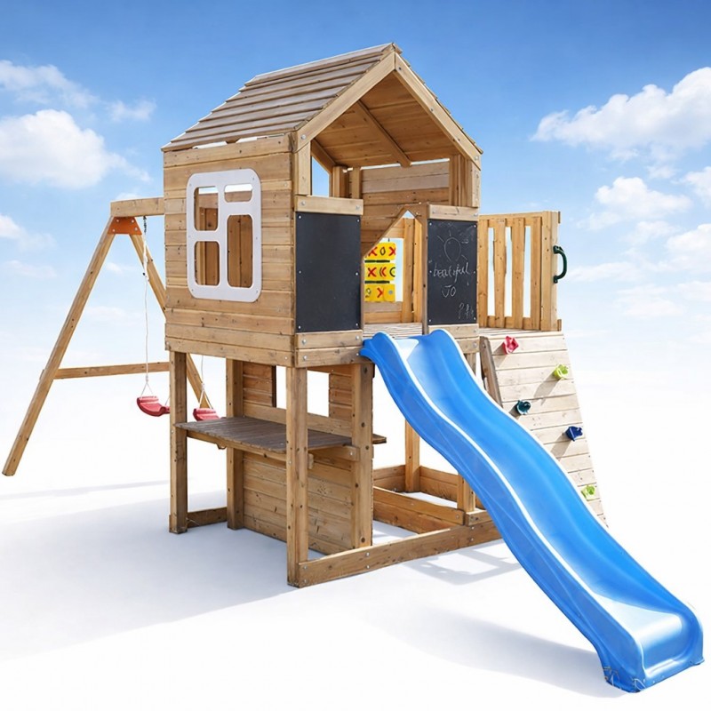 Голяма Детска Дървена Къщичка за Игра на Открито GINGER HOME с Пързалка, 2 Люлки, Катерушка и Пясъчник – 250×150×267 см