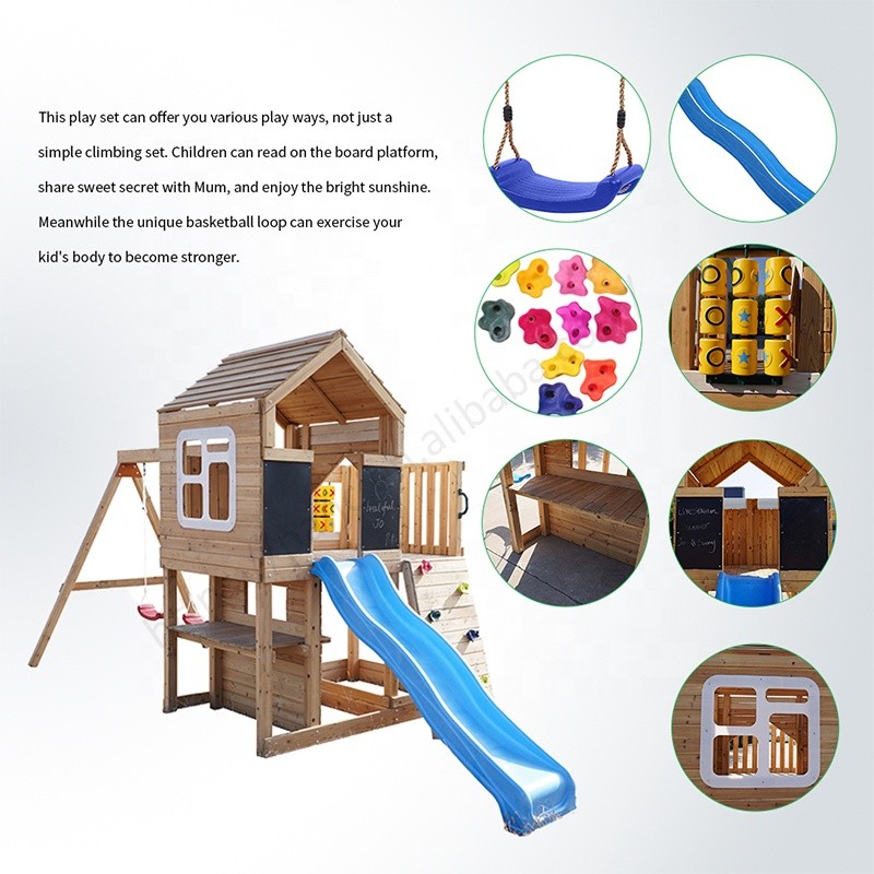 Голяма Детска Дървена Къщичка за Игра на Открито GINGER HOME с Пързалка, 2 Люлки, Катерушка и Пясъчник – 250×150×267 см