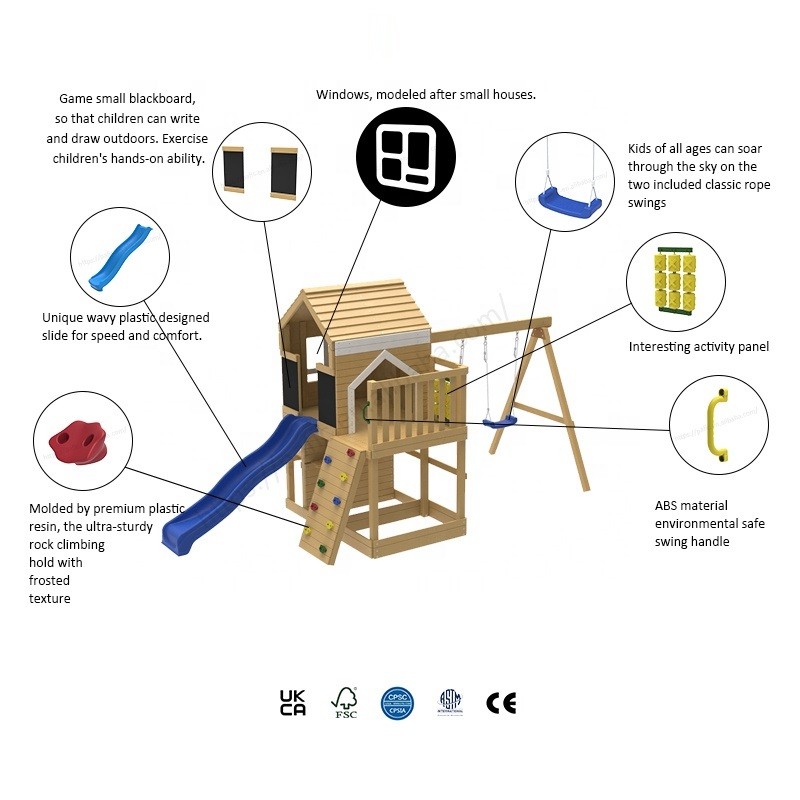 Голяма Детска Дървена Къщичка за Игра на Открито GINGER HOME с Пързалка, 2 Люлки, Катерушка и Пясъчник – 250×150×267 см