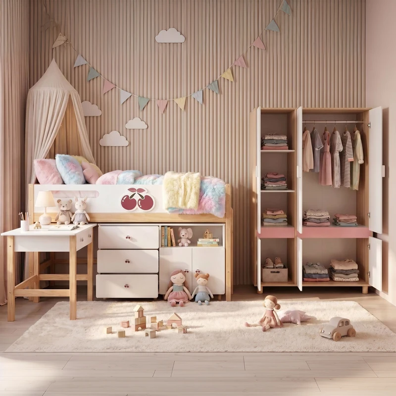 Комплект Детска Стая GINGER HOME CHERRY с Комбинирано Легло 90x200 см, Бюро, Скрин, Шкаф и Трикрилен Гардероб, Бяло, Розово и Натурално Дърво