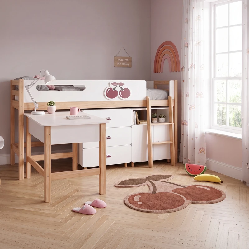 Комплект Детска Стая GINGER HOME CHERRY с Комбинирано Легло 90x200 см, Бюро, Скрин, Шкаф и Трикрилен Гардероб, Бяло, Розово и Натурално Дърво