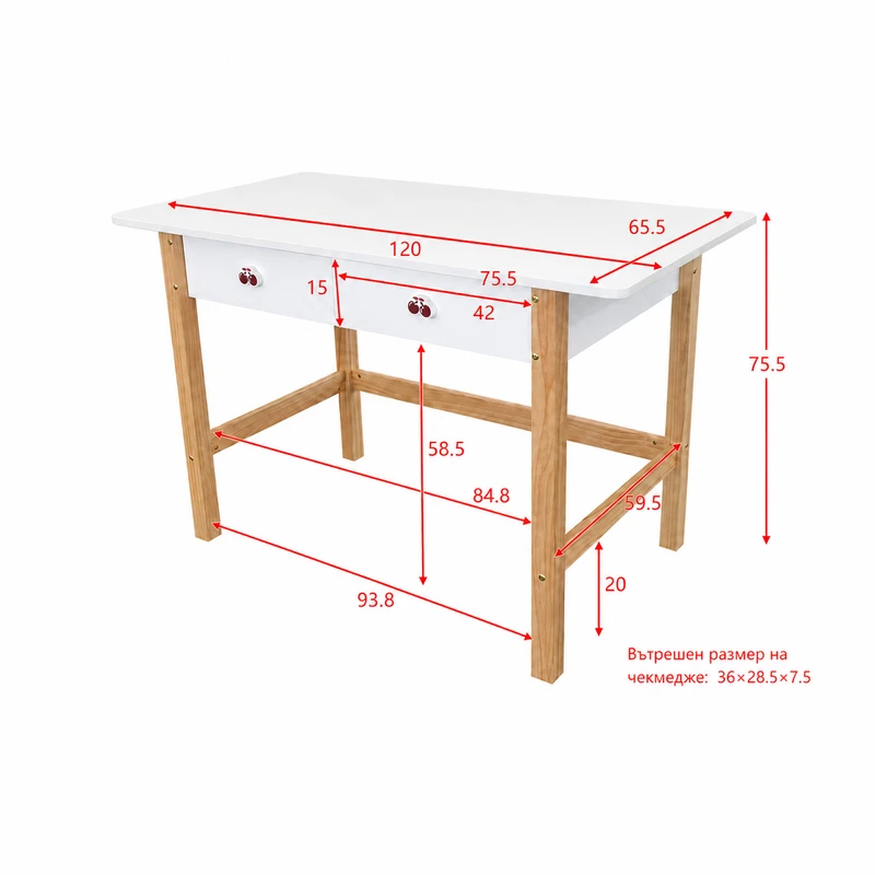 Комплект Детска Стая GINGER HOME CHERRY с Комбинирано Легло 90x200 см, Бюро, Скрин, Шкаф и Трикрилен Гардероб, Бяло, Розово и Натурално Дърво