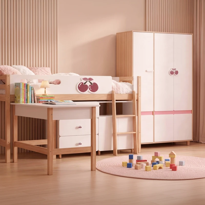 Комплект Детска Стая GINGER HOME CHERRY с Комбинирано Легло 90x200 см, Бюро, Скрин, Шкаф и Трикрилен Гардероб, Бяло, Розово и Натурално Дърво