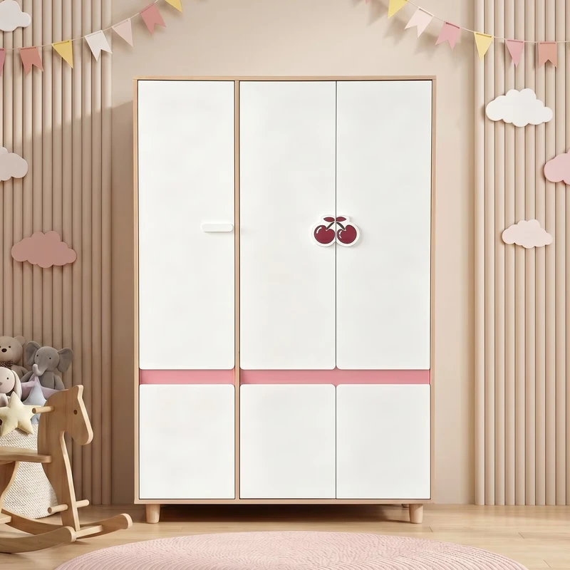Комплект Детска Стая GINGER HOME CHERRY с Комбинирано Легло 90x200 см, Бюро, Скрин, Шкаф и Трикрилен Гардероб, Бяло, Розово и Натурално Дърво