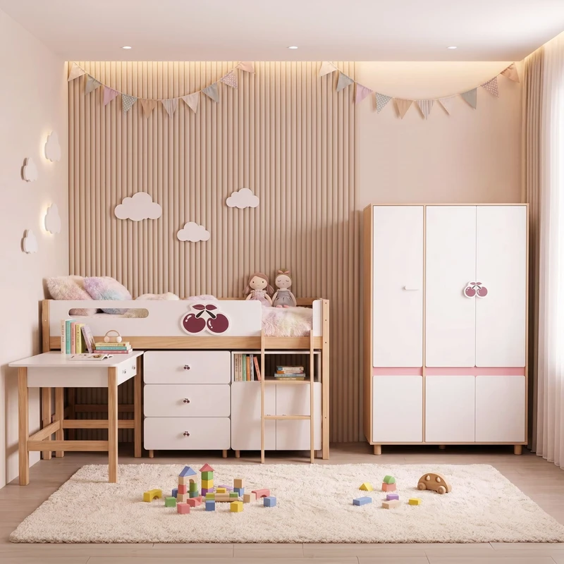 Комплект Детска Стая GINGER HOME CHERRY с Комбинирано Легло 90x200 см, Бюро, Скрин, Шкаф и Трикрилен Гардероб, Бяло, Розово и Натурално Дърво