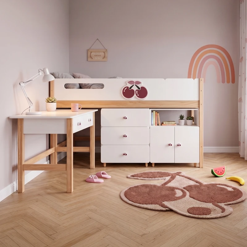 Комплект Детска Стая GINGER HOME CHERRY с Комбинирано Легло 90x200 см, Бюро, Скрин, Шкаф и Трикрилен Гардероб, Бяло, Розово и Натурално Дърво