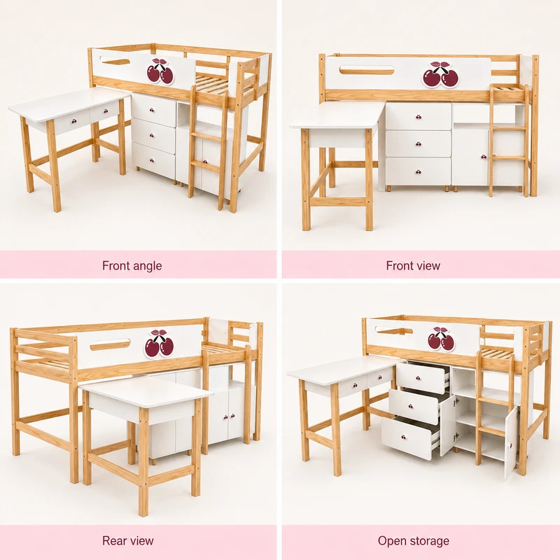 Комплект Детска Стая GINGER HOME CHERRY с Комбинирано Легло 90x200 см, Бюро, Скрин, Шкаф и Трикрилен Гардероб, Бяло, Розово и Натурално Дърво