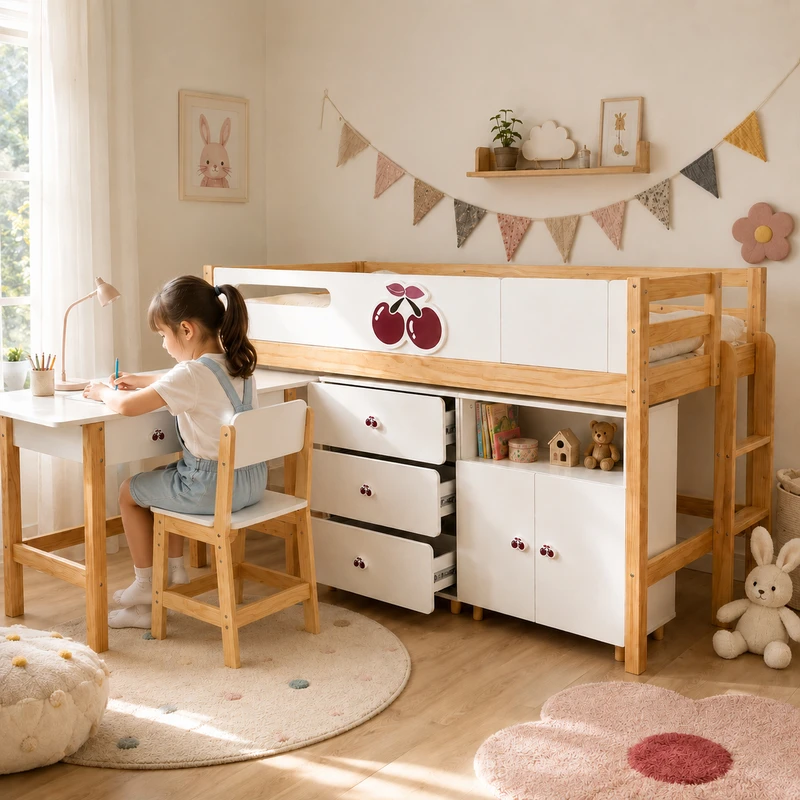 Комплект Детска Стая GINGER HOME CHERRY с Комбинирано Легло 90x200 см, Бюро, Скрин, Шкаф и Трикрилен Гардероб, Бяло, Розово и Натурално Дърво