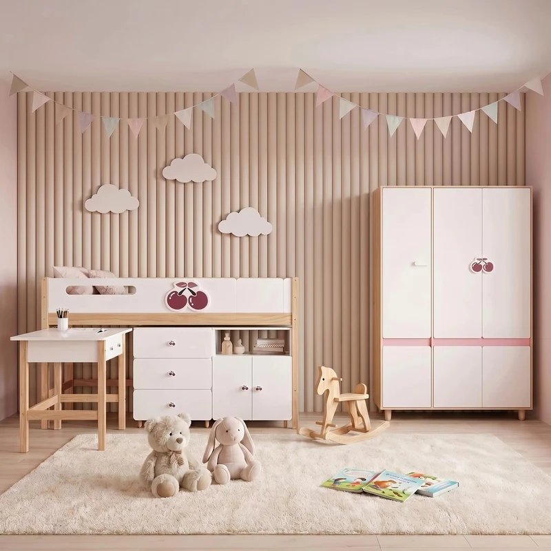 Комплект Детска Стая GINGER HOME CHERRY с Комбинирано Легло 90x200 см, Бюро, Скрин, Шкаф и Трикрилен Гардероб, Бяло, Розово и Натурално Дърво
