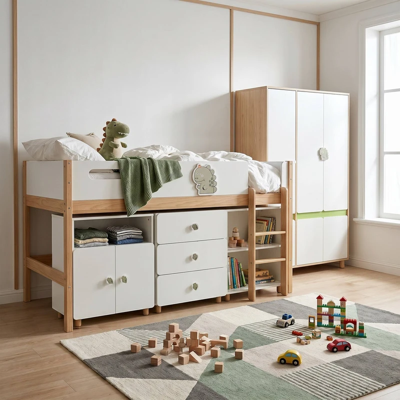 Комплект Мебели за Детска Стая GINGER HOME DINO с Комбинирано Легло 90x200 см, Гардероб, Шкафове, Скрин, Етажерка и Подматрачна Рамка, Бяло, Зелено и Натурално Дърво