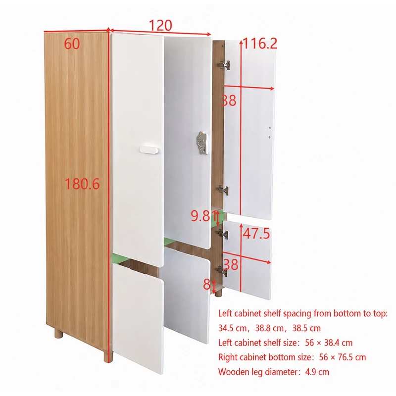 Комплект Мебели за Детска Стая GINGER HOME DINO с Комбинирано Легло 90x200 см, Гардероб, Шкафове, Скрин, Етажерка и Подматрачна Рамка, Бяло, Зелено и Натурално Дърво