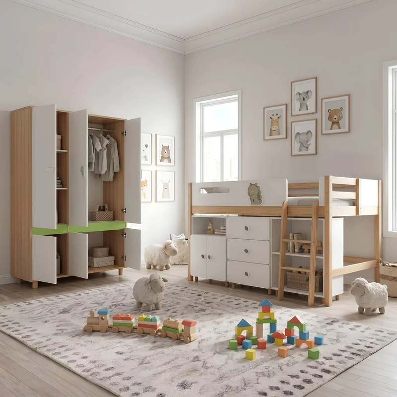 Комплект Мебели за Детска Стая GINGER HOME DINO с Комбинирано Легло 90x200 см, Гардероб, Шкафове, Скрин, Етажерка и Подматрачна Рамка, Бяло, Зелено и Натурално Дърво