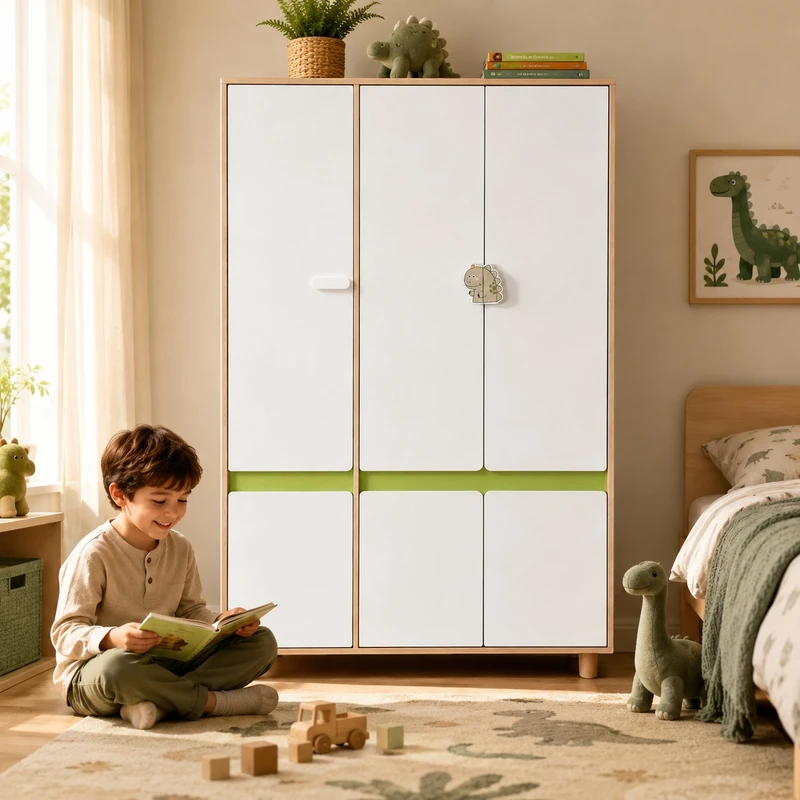 Комплект Мебели за Детска Стая GINGER HOME DINO с Комбинирано Легло 90x200 см, Гардероб, Шкафове, Скрин, Етажерка и Подматрачна Рамка, Бяло, Зелено и Натурално Дърво