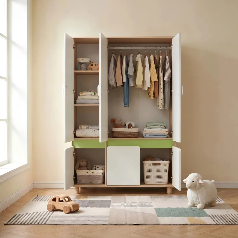 Комплект Мебели за Детска Стая GINGER HOME DINO с Комбинирано Легло 90x200 см, Гардероб, Шкафове, Скрин, Етажерка и Подматрачна Рамка, Бяло, Зелено и Натурално Дърво