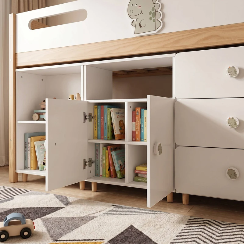 Комплект Мебели за Детска Стая GINGER HOME DINO с Комбинирано Легло 90x200 см, Гардероб, Шкафове, Скрин, Етажерка и Подматрачна Рамка, Бяло, Зелено и Натурално Дърво