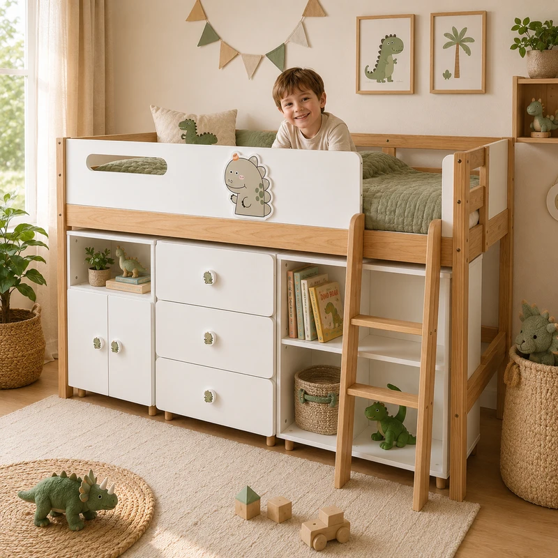 Комплект Мебели за Детска Стая GINGER HOME DINO с Комбинирано Легло 90x200 см, Гардероб, Шкафове, Скрин, Етажерка и Подматрачна Рамка, Бяло, Зелено и Натурално Дърво