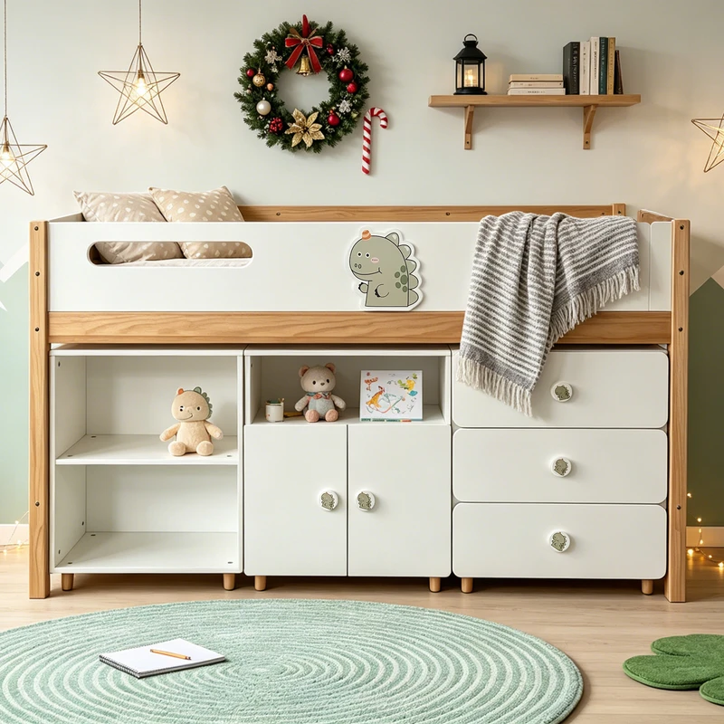 Комплект Мебели за Детска Стая GINGER HOME DINO с Комбинирано Легло 90x200 см, Гардероб, Шкафове, Скрин, Етажерка и Подматрачна Рамка, Бяло, Зелено и Натурално Дърво