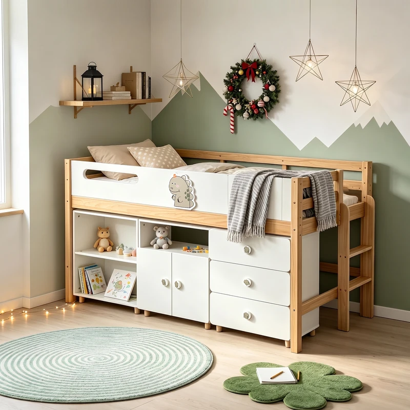 Комплект Мебели за Детска Стая GINGER HOME DINO с Комбинирано Легло 90x200 см, Гардероб, Шкафове, Скрин, Етажерка и Подматрачна Рамка, Бяло, Зелено и Натурално Дърво