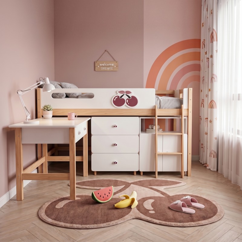 Детско Комбинирано Легло GINGER HOME CHERRY с Бюро, Скрин, Шкаф и Подматрачна Рамка, 90x200 см