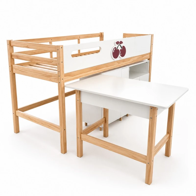 Детско Комбинирано Легло GINGER HOME CHERRY с Бюро, Скрин, Шкаф и Подматрачна Рамка, 90x200 см