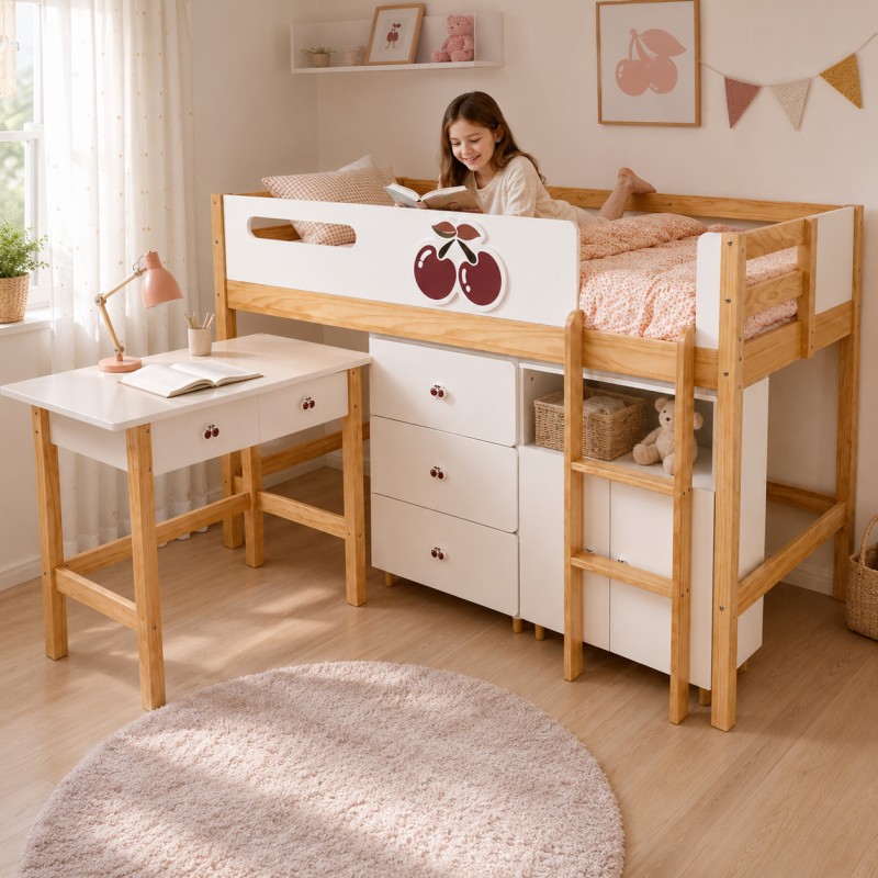 Детско Комбинирано Легло GINGER HOME CHERRY с Бюро, Скрин, Шкаф и Подматрачна Рамка, 90x200 см