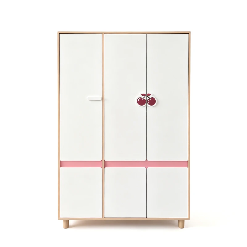 Детски Трикрилен Гардероб GINGER HOME CHERRY, с Рафтове, Лост за Закачалки и 6 Врати, Бяло, Розово и Натурално Дърво, 120х60х180 см