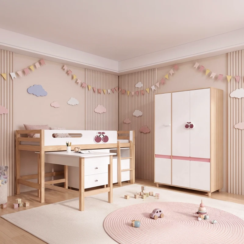 Детски Трикрилен Гардероб GINGER HOME CHERRY, с Рафтове, Лост за Закачалки и 6 Врати, Бяло, Розово и Натурално Дърво, 120х60х180 см