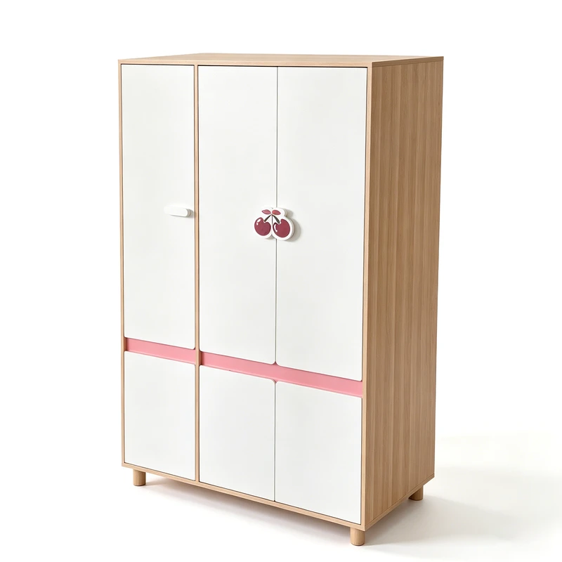 Детски Трикрилен Гардероб GINGER HOME CHERRY, с Рафтове, Лост за Закачалки и 6 Врати, Бяло, Розово и Натурално Дърво, 120х60х180 см