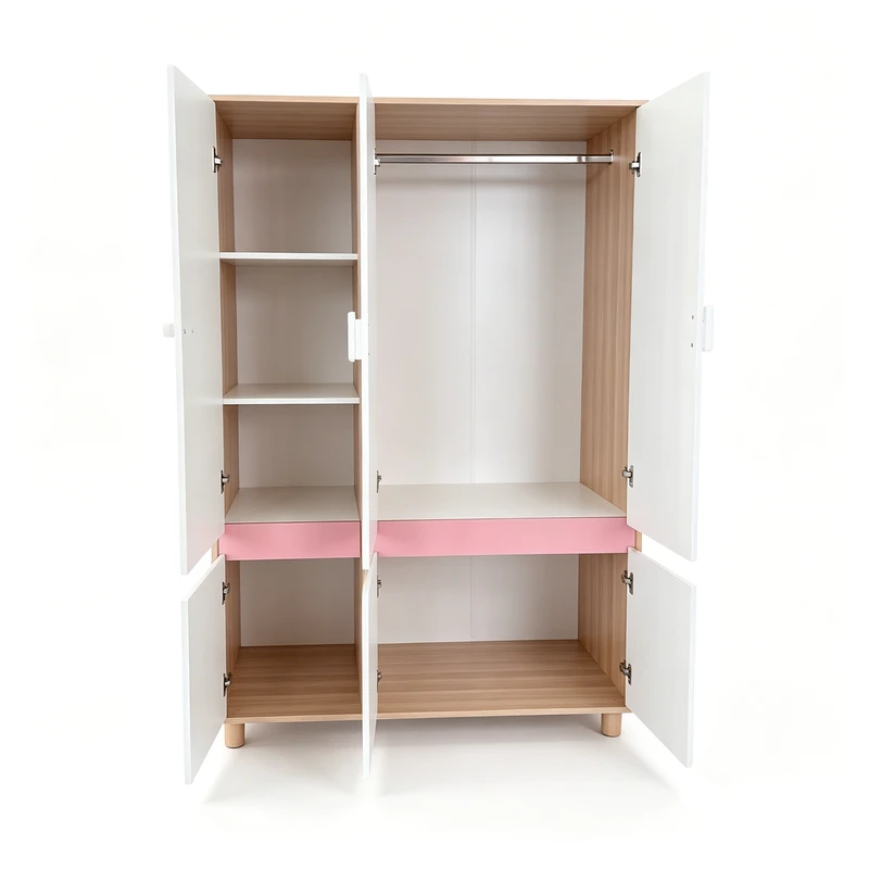 Детски Трикрилен Гардероб GINGER HOME CHERRY, с Рафтове, Лост за Закачалки и 6 Врати, Бяло, Розово и Натурално Дърво, 120х60х180 см