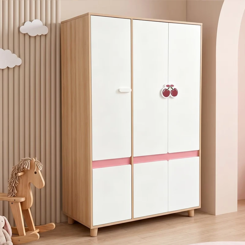 Детски Трикрилен Гардероб GINGER HOME CHERRY, с Рафтове, Лост за Закачалки и 6 Врати, Бяло, Розово и Натурално Дърво, 120х60х180 см