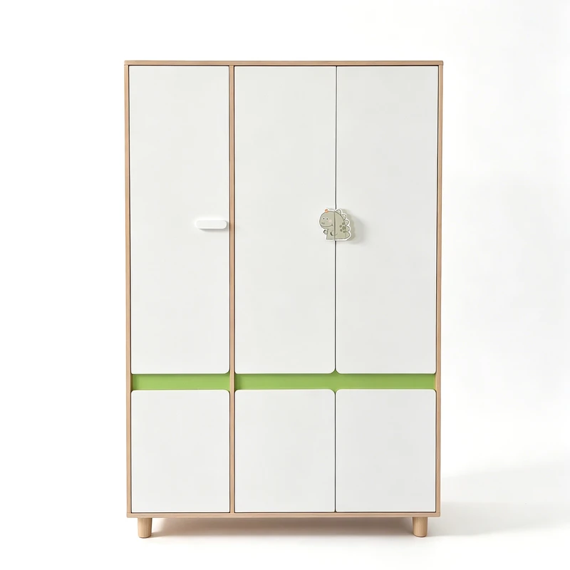 Детски Трикрилен Гардероб GINGER HOME DINO, с Рафтове, Лост за Закачалки и 6 Врати, Бяло, Зелено и Натурално Дърво, 120х60х180 см