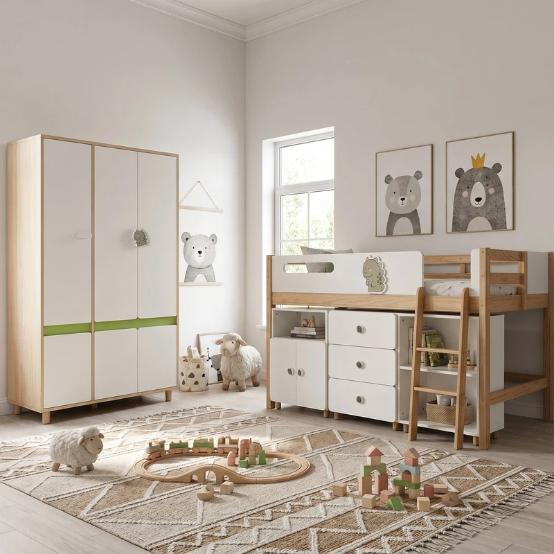 Детски Трикрилен Гардероб GINGER HOME DINO, с Рафтове, Лост за Закачалки и 6 Врати, Бяло, Зелено и Натурално Дърво, 120х60х180 см