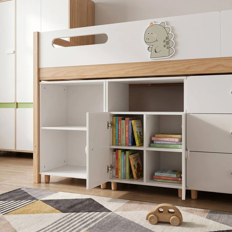 Детски Трикрилен Гардероб GINGER HOME DINO, с Рафтове, Лост за Закачалки и 6 Врати, Бяло, Зелено и Натурално Дърво, 120х60х180 см